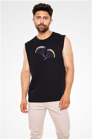 Yamaç Paraşütü - Paragliding Baskılı Unisex Siyah Kolsuz Tişört