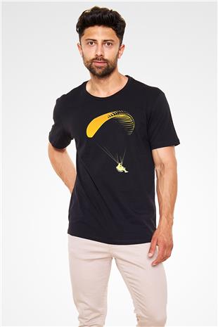 Yamaç Paraşütü - Paragliding Baskılı Unisex Siyah Tişört - Tshirt