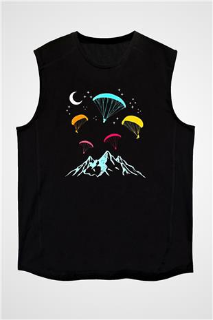 Yamaç Paraşütü - Paragliding Baskılı Unisex Siyah Kolsuz Tişört