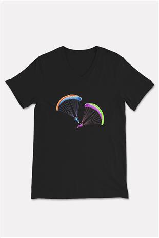 Yamaç Paraşütü - Paragliding Baskılı Unisex Siyah V Yaka Tişört