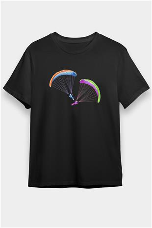 Yamaç Paraşütü - Paragliding Baskılı Unisex Siyah Tişört - Tshirt