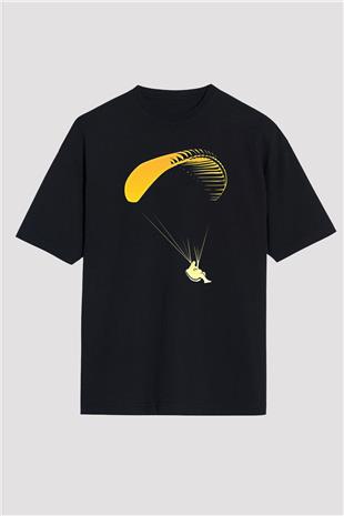Yamaç Paraşütü - Paragliding Baskılı Unisex Siyah Oversize Tişört