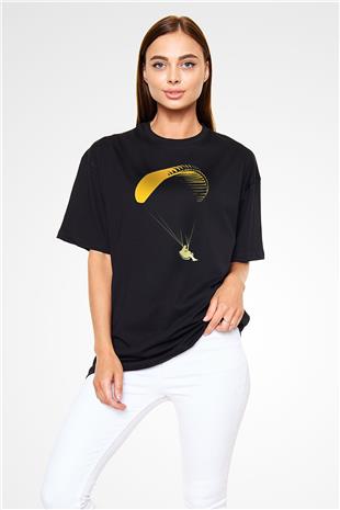 Yamaç Paraşütü - Paragliding Baskılı Unisex Siyah Oversize Tişört