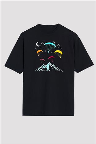 Yamaç Paraşütü - Paragliding Baskılı Unisex Siyah Oversize Tişört