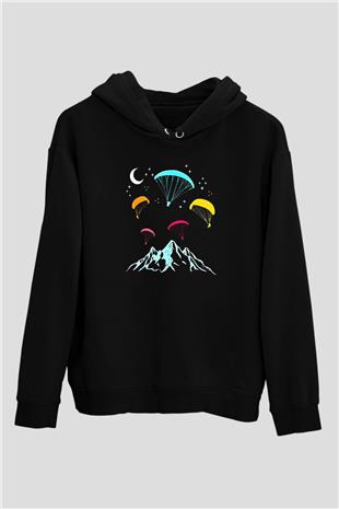 Yamaç Paraşütü - Paragliding Baskılı Unisex Siyah Kapüşonlu Sweatshirt