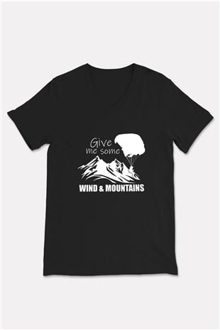 Yamaç Paraşütü - Paragliding Baskılı Unisex Siyah V Yaka Tişört