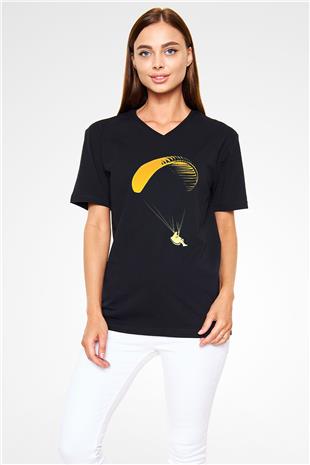 Yamaç Paraşütü - Paragliding Baskılı Unisex Siyah V Yaka Tişört