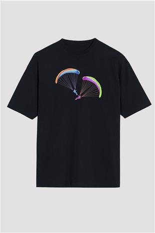 Yamaç Paraşütü - Paragliding Baskılı Unisex Siyah Oversize Tişört