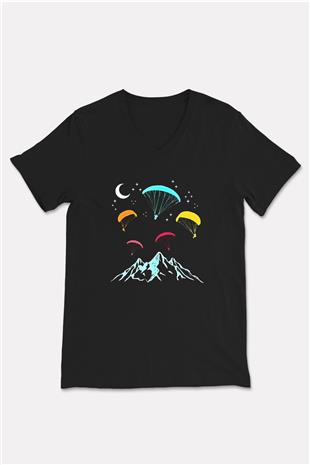 Yamaç Paraşütü - Paragliding Baskılı Unisex Siyah V Yaka Tişört