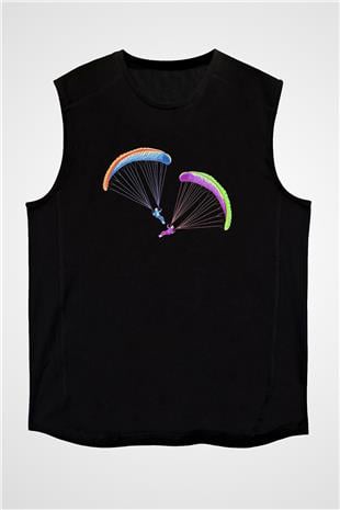 Yamaç Paraşütü - Paragliding Baskılı Unisex Siyah Kolsuz Tişört
