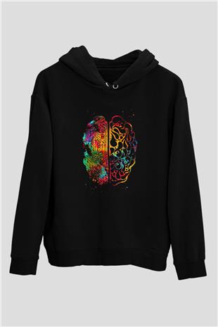Yapay Zeka Beyin Baskılı Unisex Siyah Kapüşonlu Sweatshirt