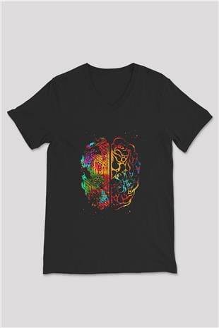 Yapay Zeka Beyin Baskılı Unisex V Yaka Siyah Tİşört - Tshirt
