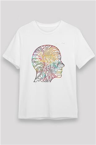 Yapay Zeka Renkli Baskılı Unisex Beyaz Tişört - Tshirt