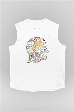 Yapay Zeka Renkli Baskılı Unisex Kolsuz Beyaz Tişört - Tshirt