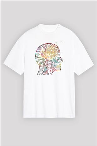 Yapay Zeka Renkli Baskılı Unisex Oversize Beyaz Tişört - Tshirt