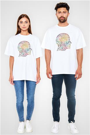 Yapay Zeka Renkli Baskılı Unisex Oversize Beyaz Tişört - Tshirt