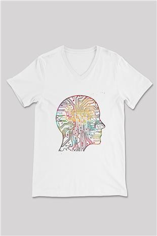 Yapay Zeka Renkli Baskılı Unisex V Yaka Beyaz Tişört - Tshirt