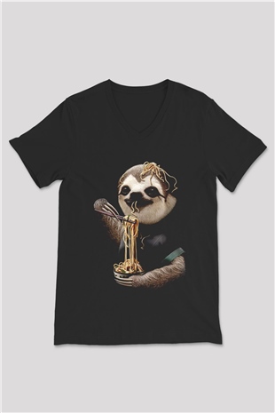 Yavaş Yeme Yarışması Baskılı Unisex Siyah  V Yaka Tişört