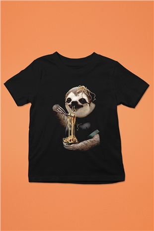 Yavaş Yeme Yarışması Baskılı Unisex Siyah  Çocuk Tişört