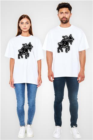 Yay Burcu Baskılı Beyaz Unisex Oversize Tişört - Tshirt