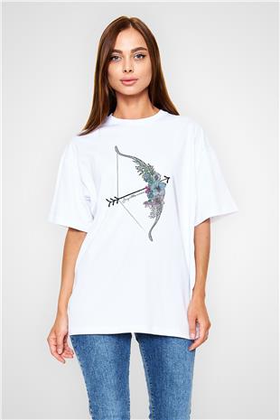 Yay Burcu Baskılı Beyaz Unisex Oversize Tişört - Tshirt