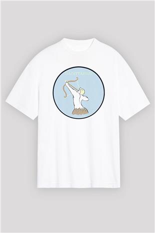 Yay Burcu Baskılı Beyaz Unisex Oversize Tişört - Tshirt