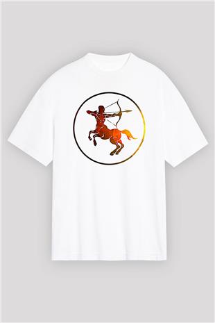 Yay Burcu Baskılı Beyaz Unisex Oversize Tişört - Tshirt