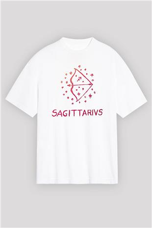Yay Burcu Baskılı Beyaz Unisex Oversize Tişört - Tshirt