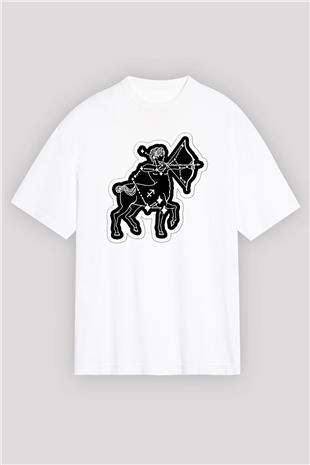 Yay Burcu Baskılı Beyaz Unisex Oversize Tişört - Tshirt