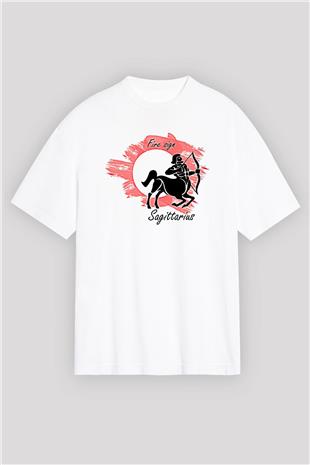 Yay Burcu Baskılı Beyaz Unisex Oversize Tişört - Tshirt