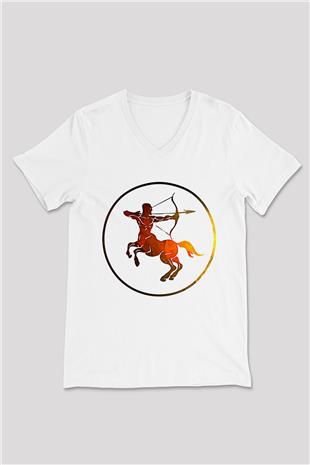 Yay Burcu Baskılı Beyaz Unisex V Yaka Tişört - Tshirt