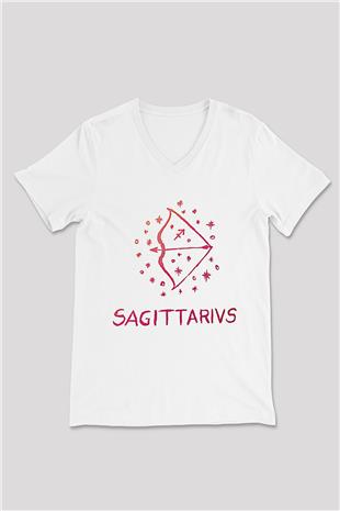 Yay Burcu Baskılı Beyaz Unisex V Yaka Tişört - Tshirt