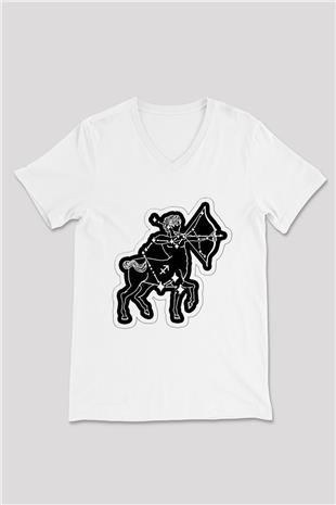 Yay Burcu Baskılı Beyaz Unisex V Yaka Tişört - Tshirt