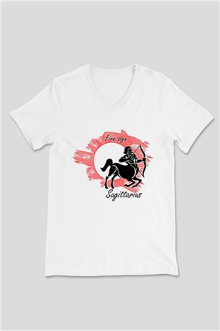 Yay Burcu Baskılı Beyaz Unisex V Yaka Tişört - Tshirt