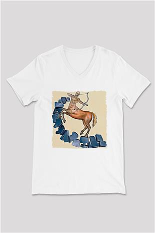 Yay Burcu Baskılı Beyaz Unisex V Yaka Tişört - Tshirt