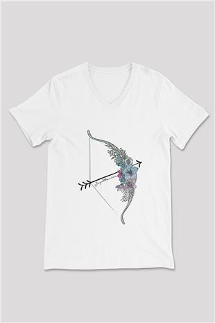 Yay Burcu Baskılı Beyaz Unisex V Yaka Tişört - Tshirt