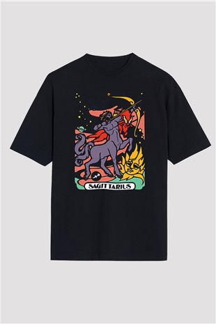 Yay Burcu Baskılı Unisex Siyah Oversize Tişört - Tshirt