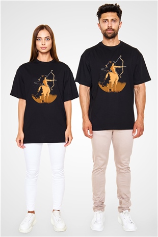 Yay Burcu Baskılı Unisex Siyah Oversize Tişört - Tshirt