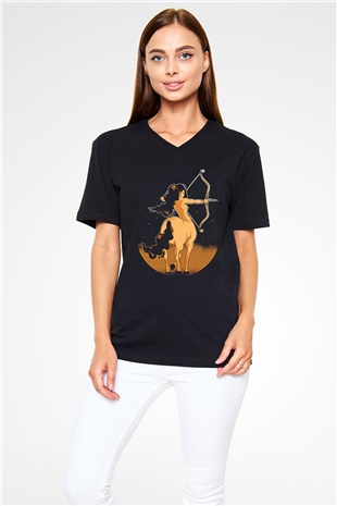 Yay Burcu Baskılı Unisex Siyah V Yaka Tişört - Tshirt