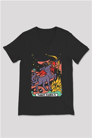 Yay Burcu Baskılı Unisex Siyah V Yaka Tişört - Tshirt