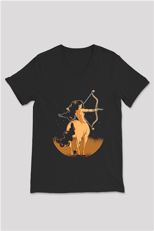 Yay Burcu Baskılı Unisex Siyah V Yaka Tişört - Tshirt