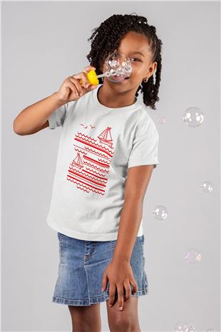 Yelken Baskılı Unisex Beyaz Çocuk Tişört - Tshirt