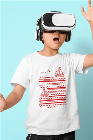 Yelken Baskılı Unisex Beyaz Çocuk Tişört - Tshirt