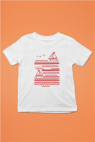 Yelken Baskılı Unisex Beyaz Çocuk Tişört - Tshirt
