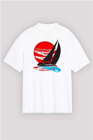 Yelken Baskılı Unisex Beyaz Oversize Tişört - Tshirt