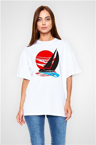 Yelken Baskılı Unisex Beyaz Oversize Tişört - Tshirt