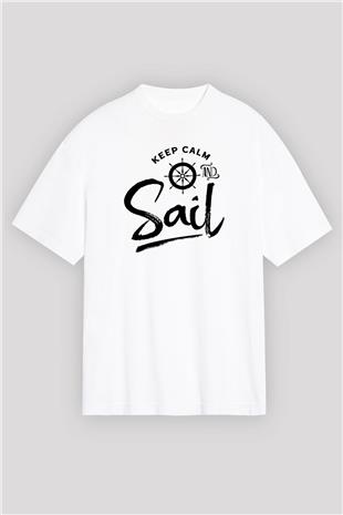 Yelken Baskılı Unisex Beyaz Oversize Tişört - Tshirt