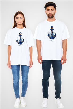 Yelken Baskılı Unisex Beyaz Oversize Tişört - Tshirt