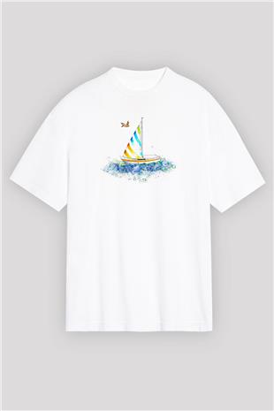 Yelken Baskılı Unisex Beyaz Oversize Tişört - Tshirt