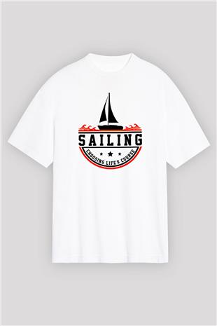 Yelken Baskılı Unisex Beyaz Oversize Tişört - Tshirt